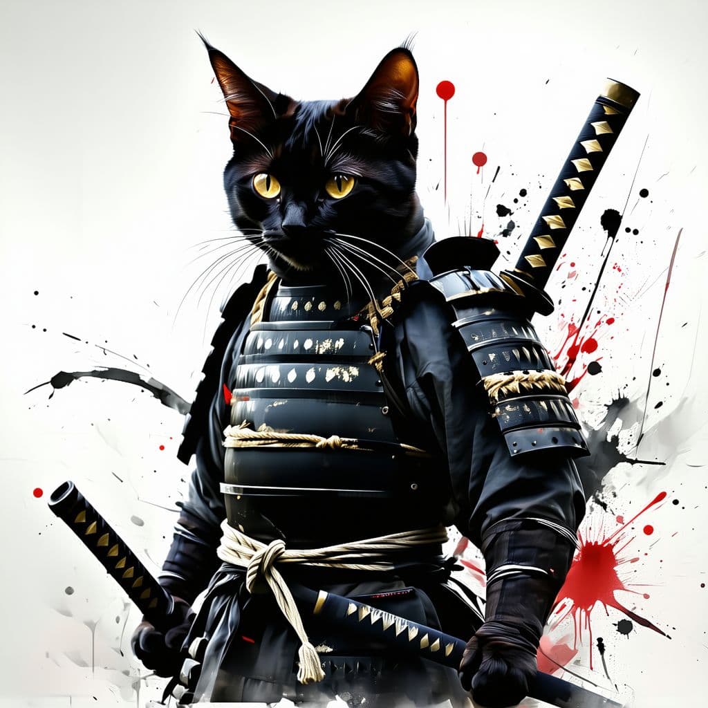 AI generated: samurai-cat, katana on belt, yellow eyes, black and white picture, black and red smudges --v 4
