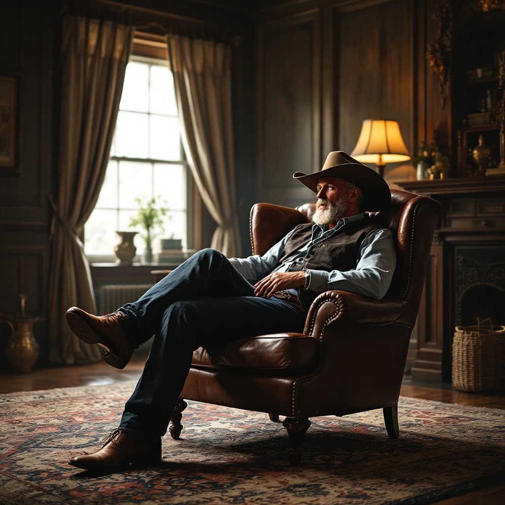 AI generated: Looking across the room at cowboy sitting in leather chair with legs stretched out 
