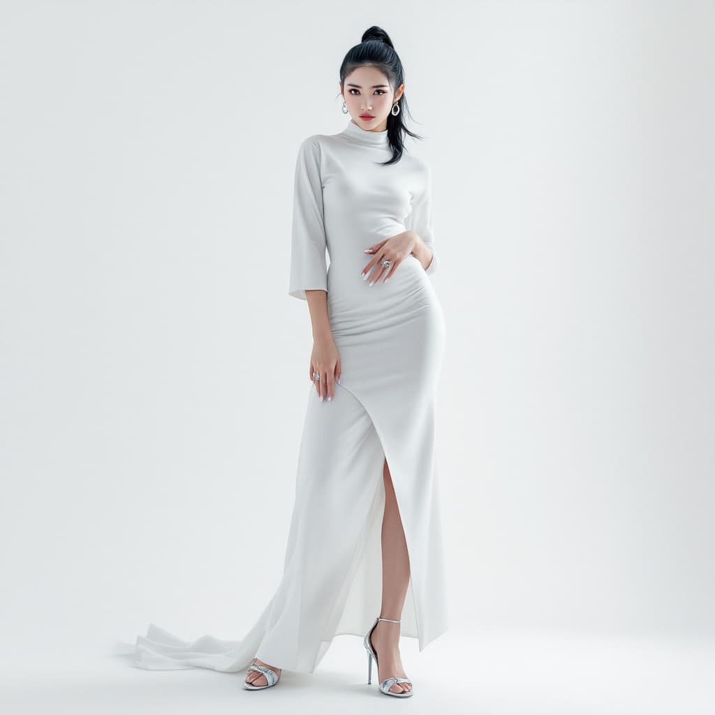 AI generated: Create an image of a young Korean model with black hair gathered in a futuristic slicked back bundle...