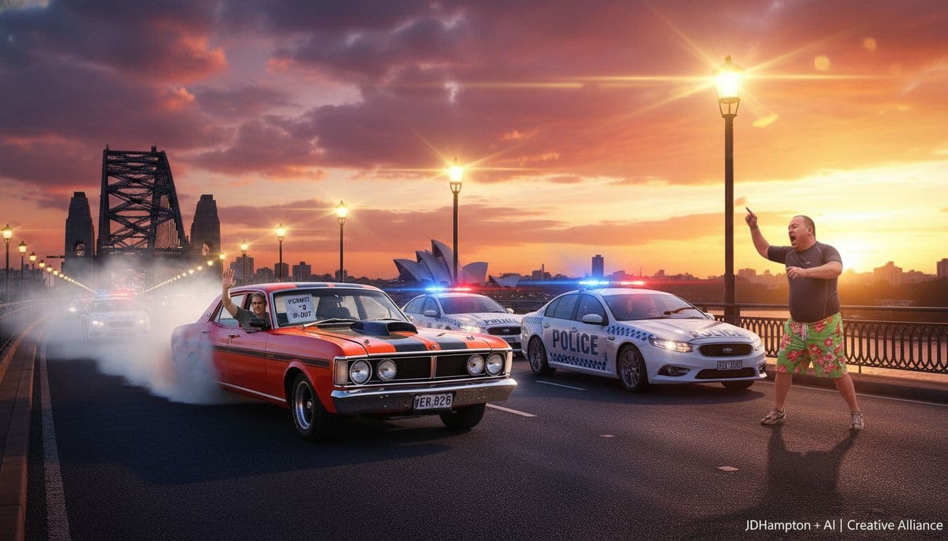 AI generated: Colourful Sunset near Sydney Harbour, then arrives a short 140kg politician in his surfing gear and ...