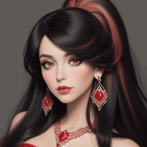 AI generated: portrait full length, solo, black hair, makeup, earrings,  blush, jewelry, long hair with red streak...