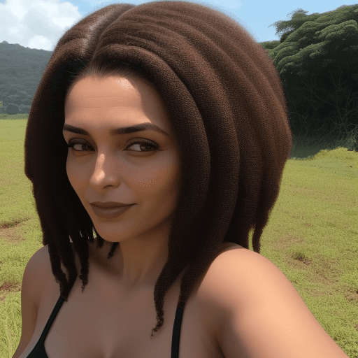 AI generated: mulher acima de 25 anos, loira, cabelo comprido, pele morena, no campo