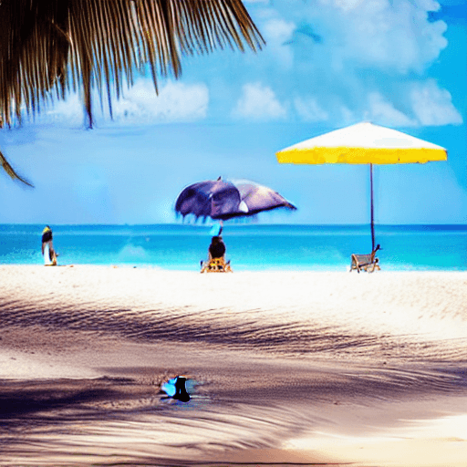 AI generated: High resolution photography travel magazine, ethereal sunny golden sand beach, pastel umbrellas, swa...