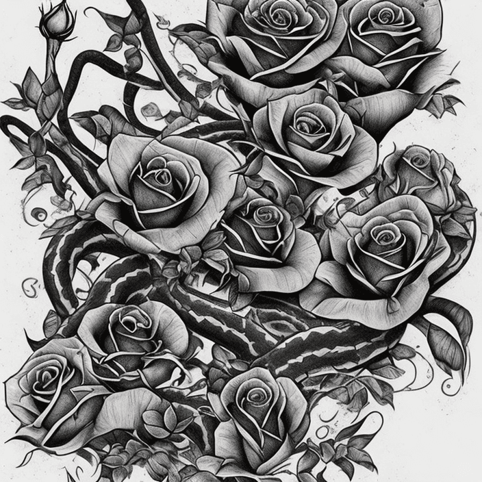 AI generated: snakes with flowers, tattoo sketch, smooth transitions, black patterns, more details, more flowers, ...