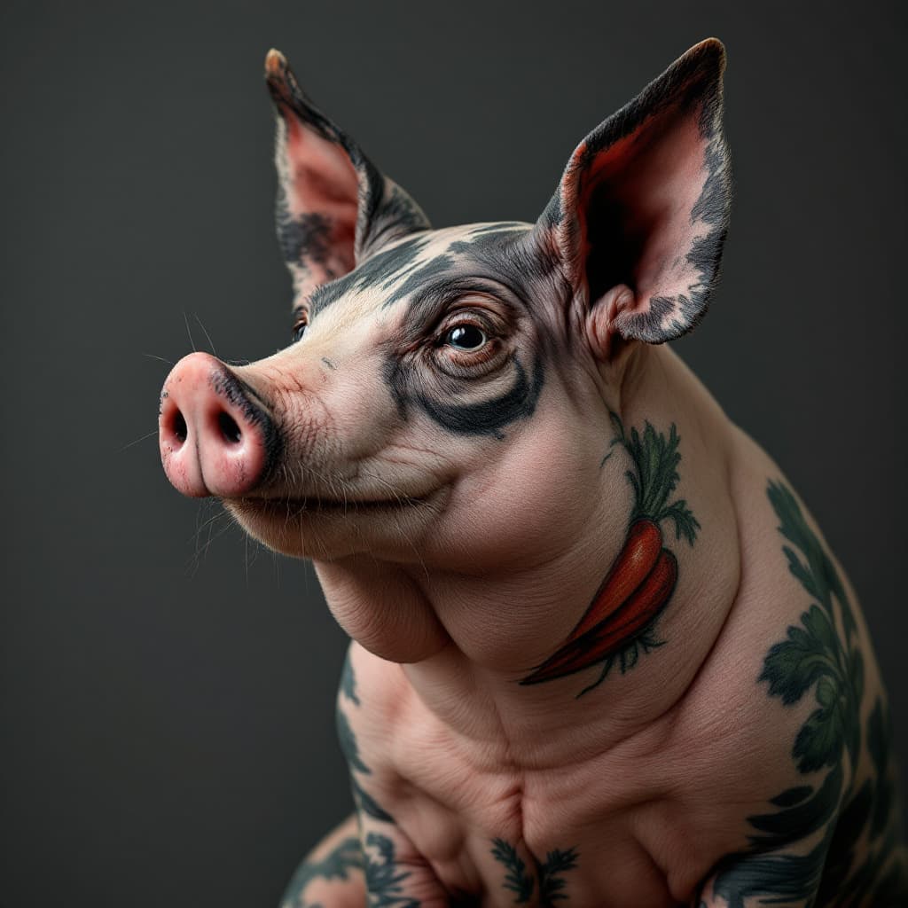 AI generated: photo close up, studio portrait hairless big fat pig thin lines tattooed with  veggies crisp, highly...