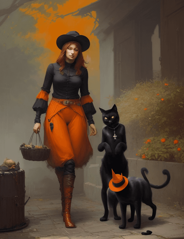 AI generated: one black cat and one orange cat with adventurer hats and clothes by Greg Rutkowski, oil painting, h...
