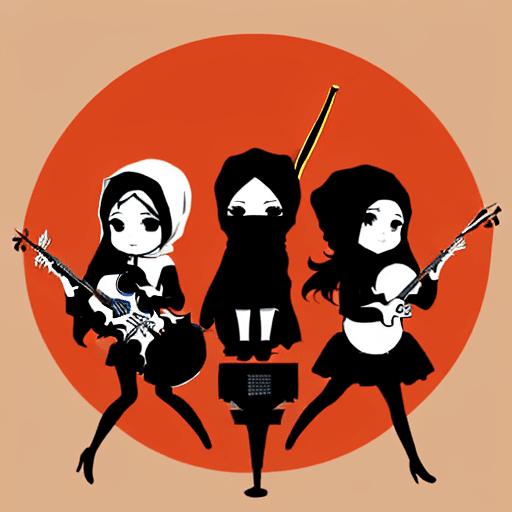 AI generated: A music band with a baterist a guitar a piano a violin and a singer girl with Red hijab. In chibi ar...