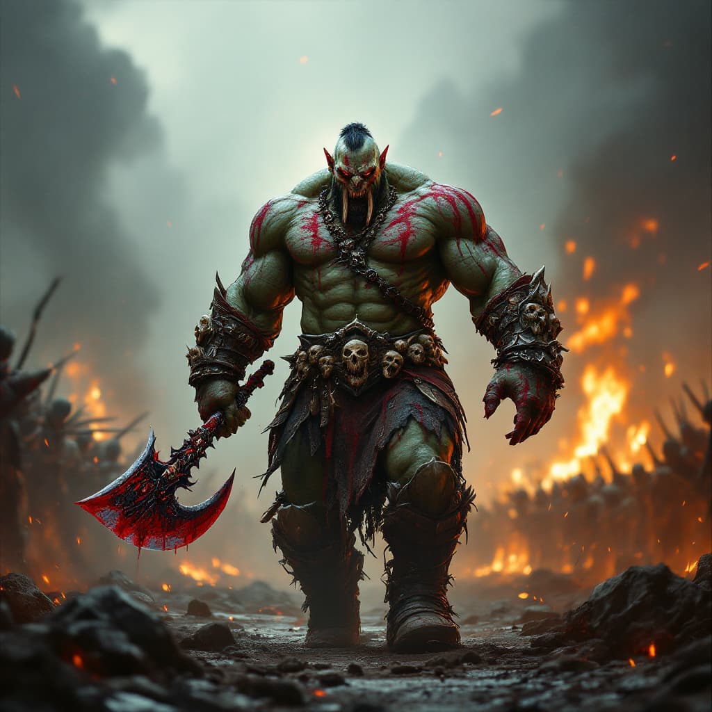 AI generated: Photorealistic digital painting of a massive orc warlord walking through a burning battlefield, musc...