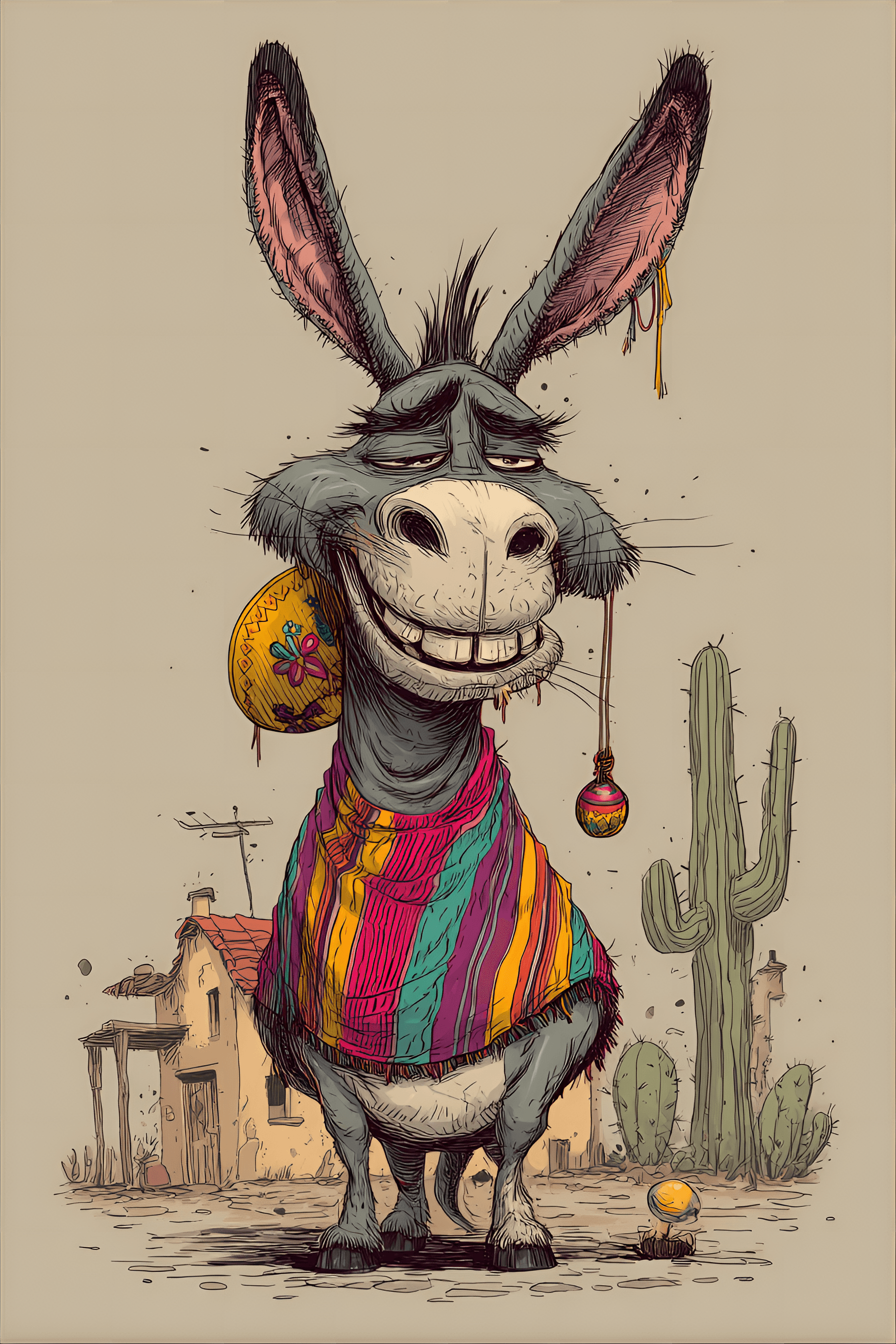 AI generated: funny caricature, goofy donkey character, mexican ethnicity, 7 years old, lazy, friendly, stubborn, ...
