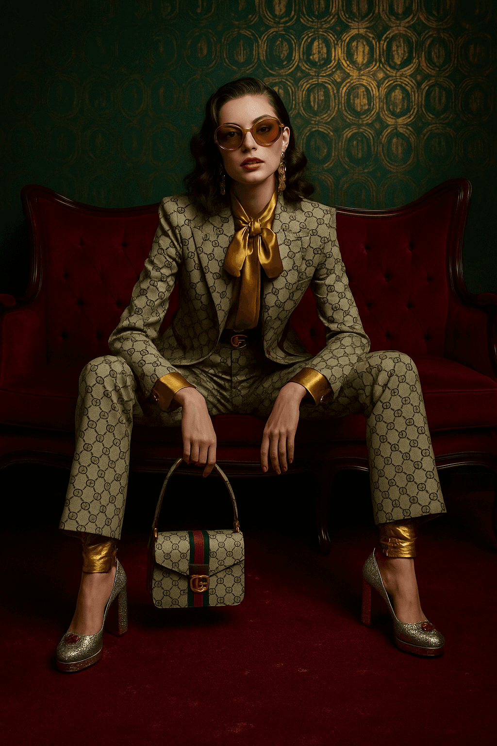 AI generated: {
  "scene": {
    "type": "fashion editorial",
    "theme": "Gucci vintage luxury",
    "settin...