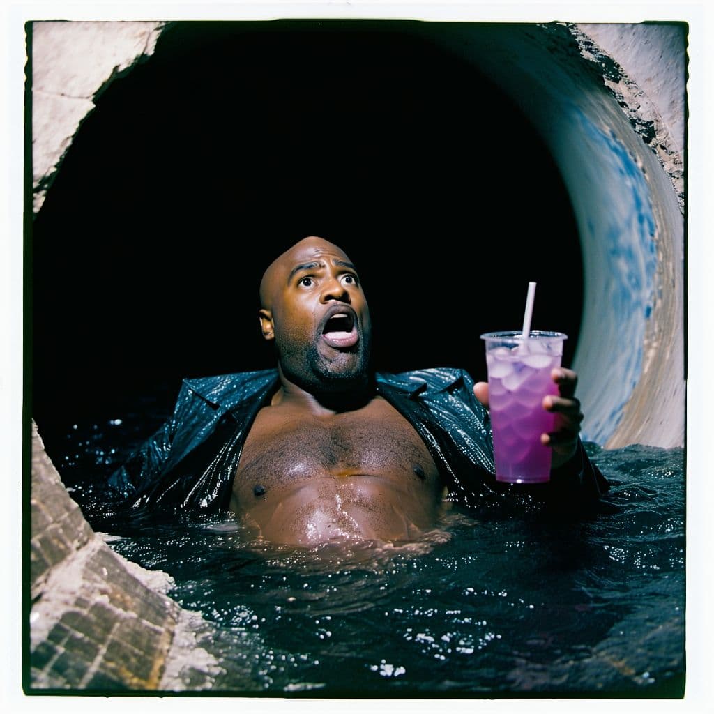 AI generated: grainy 80's photograph quality polaroid of big fat bald neurotic fearful black man floating into a b...