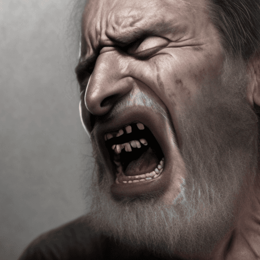 AI generated: an old man screams in pain, his face is almost reduced. He is wearing a black shirt and has a long b...