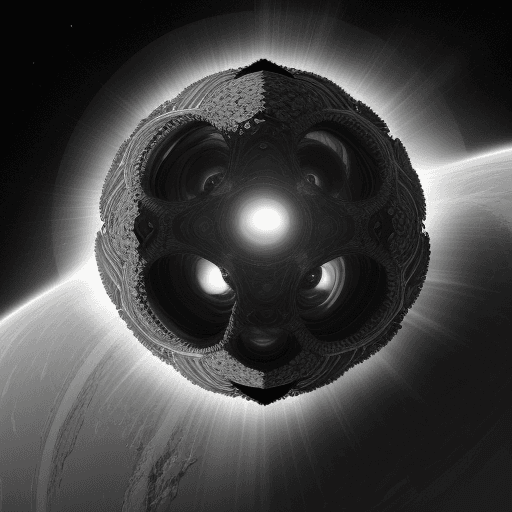 AI generated: illustration black-and-white of A colossal, terrifying, and austere Dyson sphere, featuring two inte...