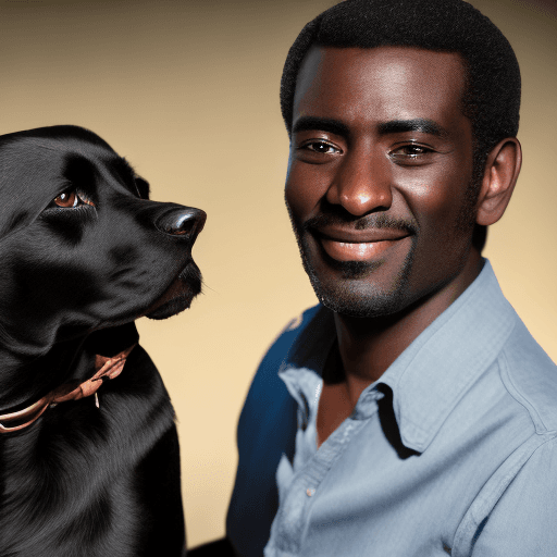 AI generated: High resolution photography of a black hair man with a black dog