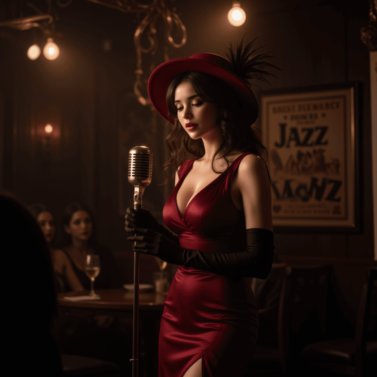 AI generated: A realistic, cinematic photograph of a captivating female korean jazz singer performing on stage in ...