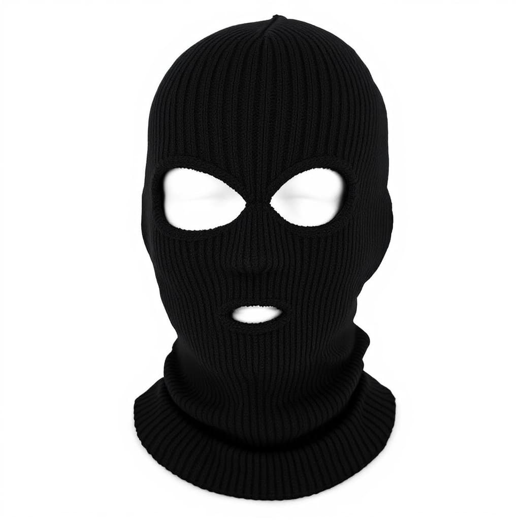 AI generated: black ribbed knit skimask with two holes for the eyes, one whole for the mouth