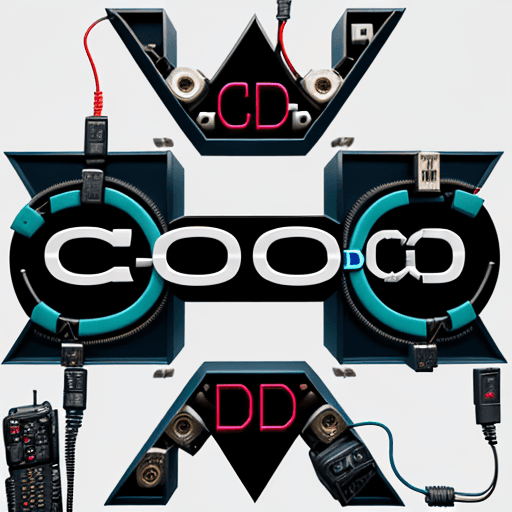 AI generated: logo of c0d3d_c0n71nG3n7, letters combined with cables, circuits, cameras, technology world