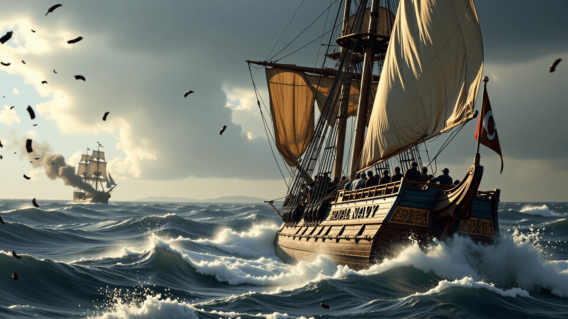 AI generated: A highly dynamic wide shot of a Royal Navy Ship on a stormy sea, pursued by a Pirate Ship in the dis...