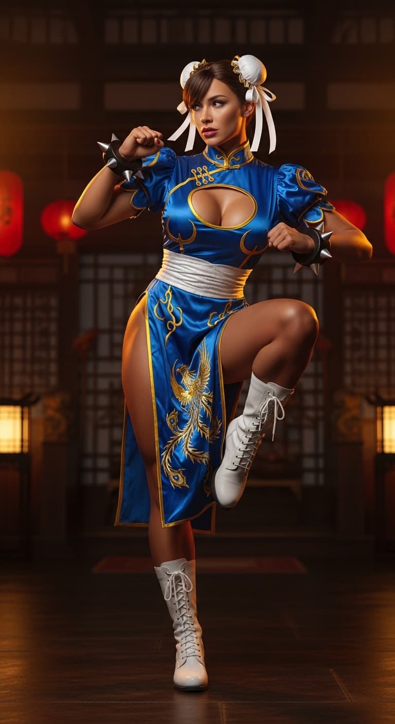 AI generated: fit woman wearing Chun-Li costume, posing, dimly lit room, theme oriented that goes with chun li's s...