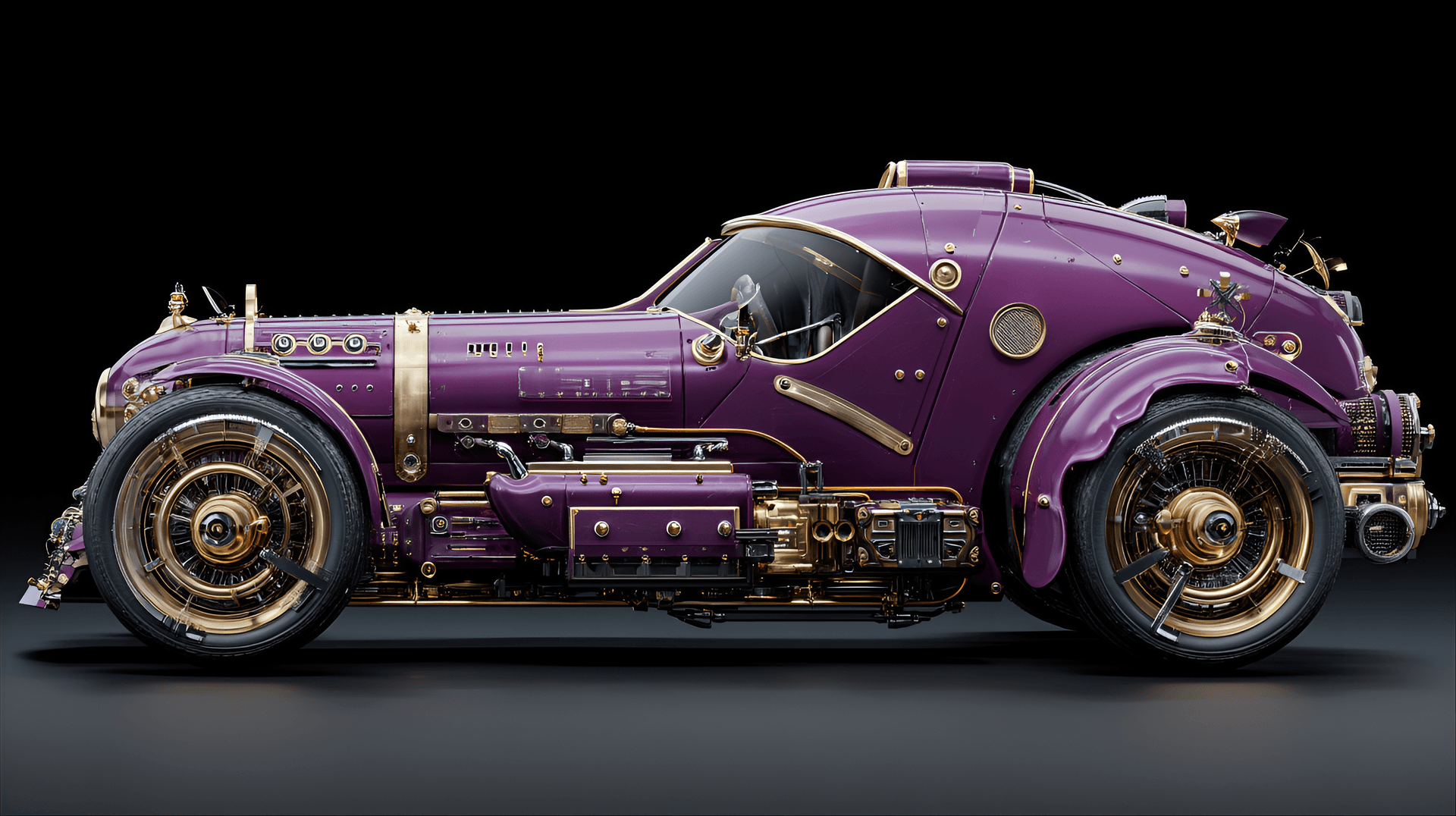 AI generated: Steampunk purple car, detailed,  high-tech,  futuristic,  ornate gold mechanical parts,  glossy purp...