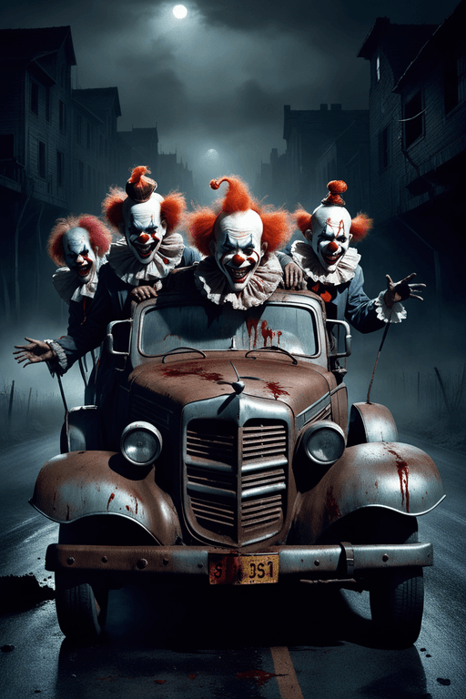 AI generated: A cruely scene,driving a rusty old damage car on a dark highway at night, misty,A group of malevolen...