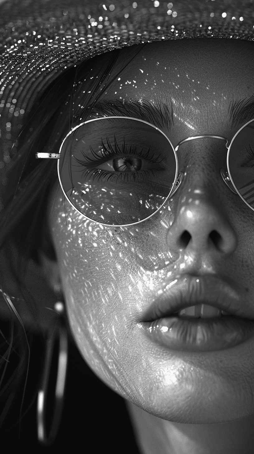 AI generated: woman in sunglasses and a hat. black and white image, in the style of vray tracing, precision in det...