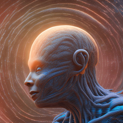 AI generated: An alien and a human merging together to create a new plane of existence, their bodies transcending ...