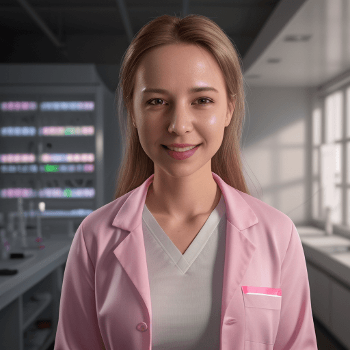 AI generated: girl in pink lab coat examining vials laboratory background (8k, RAW photo, best quality, masterpiec...