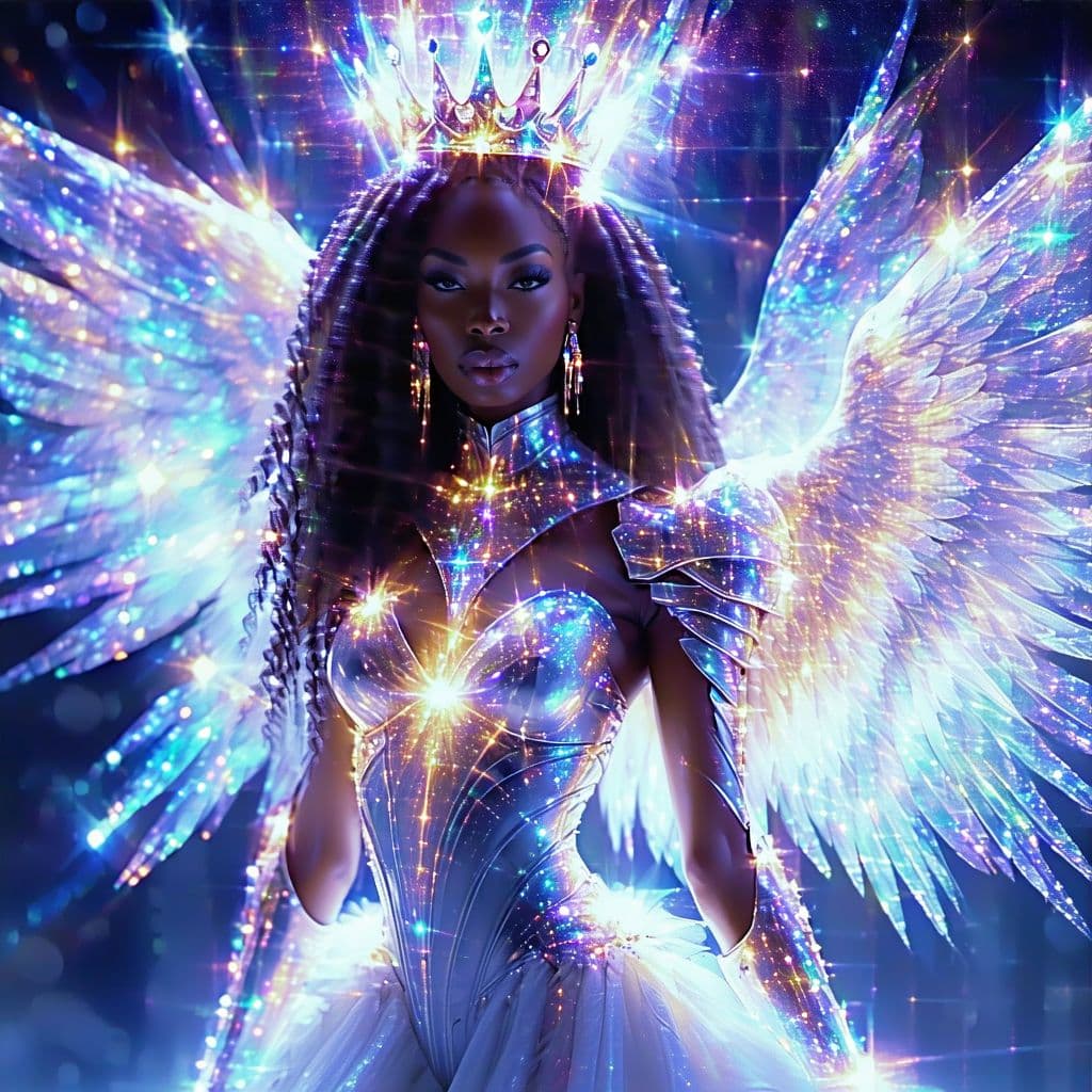 AI generated: (Full body, legs, feet art by Luis Royo:4) A (celestial queen radiating prismatic energy, with a shi...