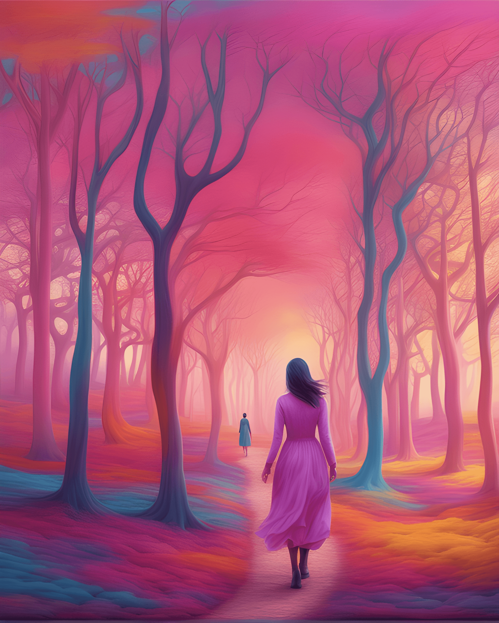 AI generated: painting of a woman walking through a colorful forest with trees, colorful otherworldly trees, psych...