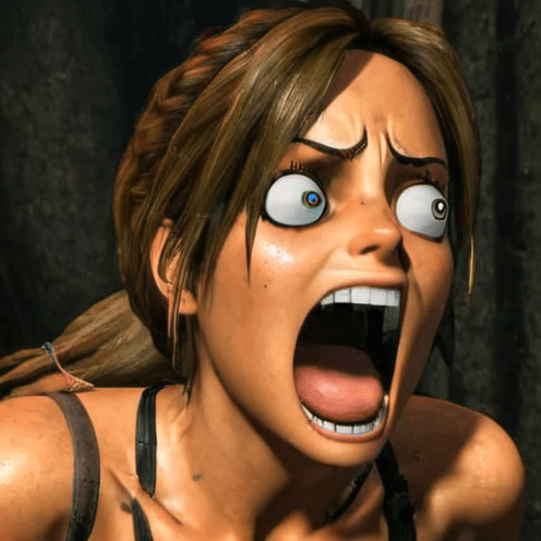 AI generated: upper body shot of lara, shockedface, eyes popping out, mouth open, sweating, detailed photography,g...