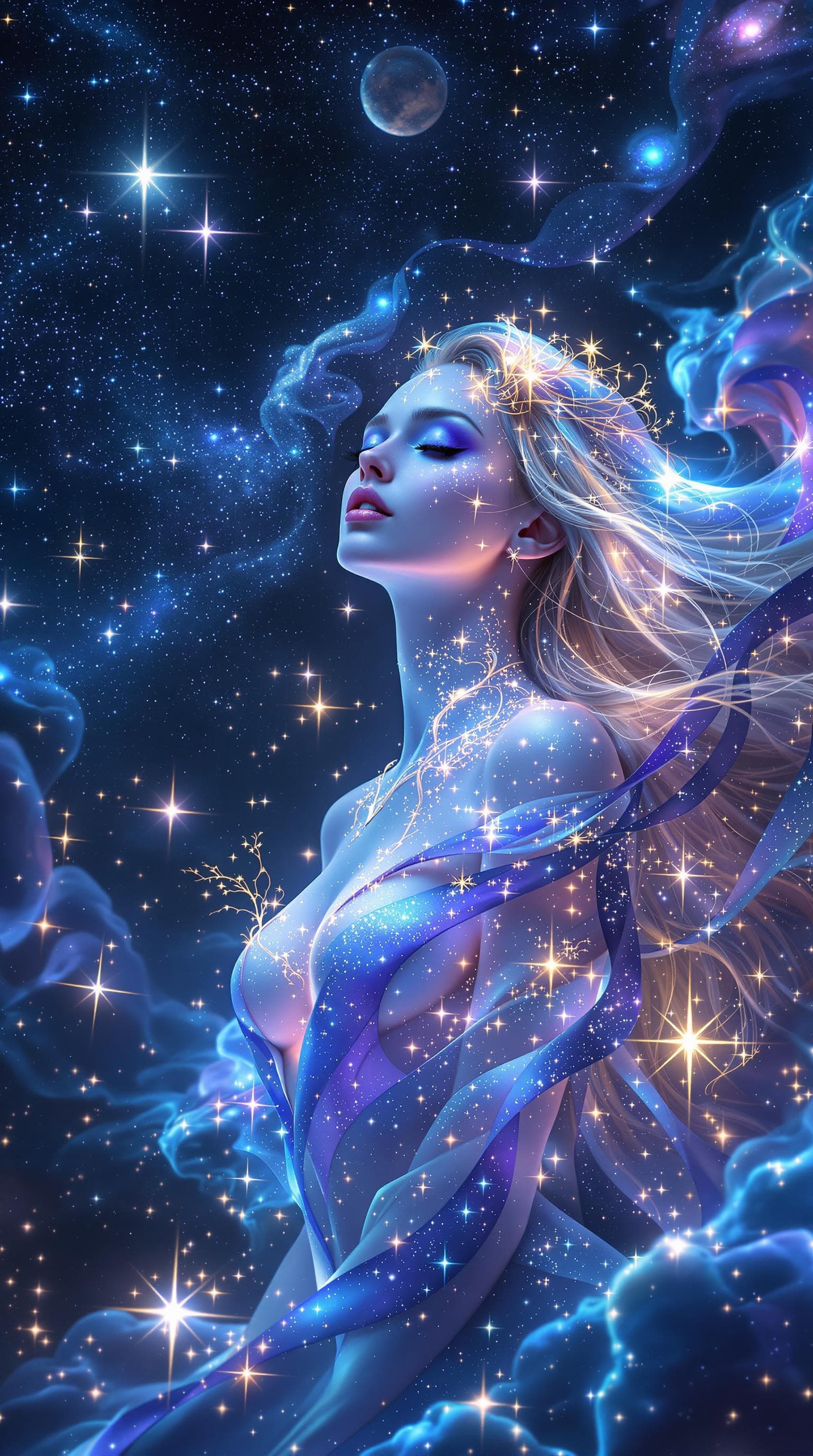 AI generated:  Image is a digital fantasy artwork featuring an ethereal woman Aquarius, set against a cosmic fract...