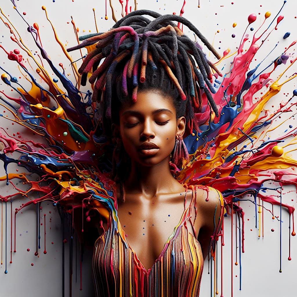 AI generated: 3d wall design. Dripping color ink. Young African-American woman with dreadlocks, waist up portrait,...