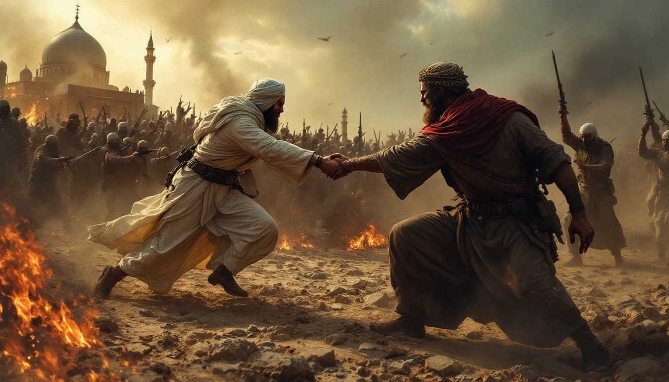 AI generated: epic scene of Christians and Muslims fighting hand in hand against evil terrorists