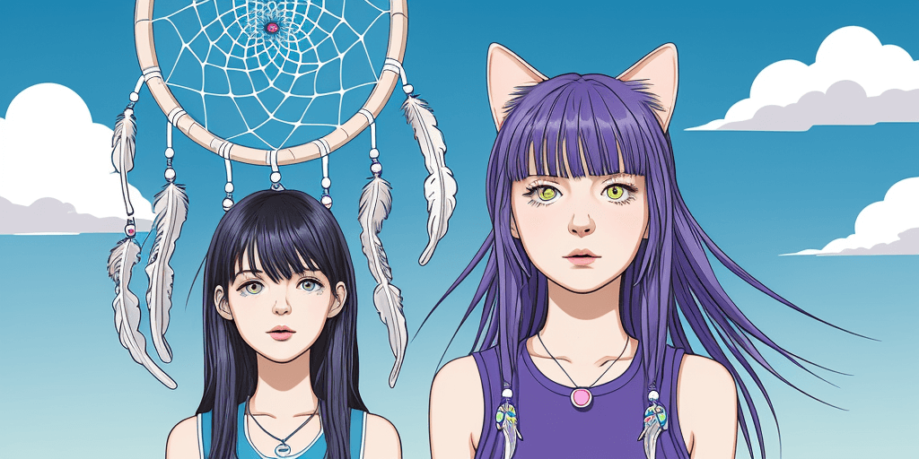 AI generated: Dream Catcher, in the style of crisp neo-pop illustrations, sky-blue, nightcore, the cat behind the ...