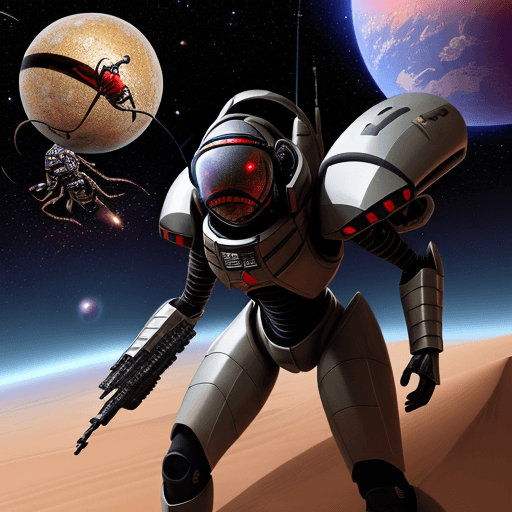 AI generated: army group, alien ant army group with silver armor invasion the planet, gunfire with red ant group, ...