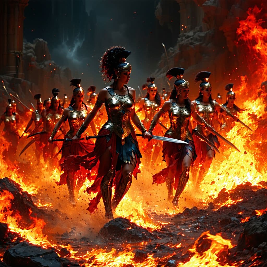AI generated: Amazon women fighting hades, to save mankind from destruction from the corrupt god of the underworld...