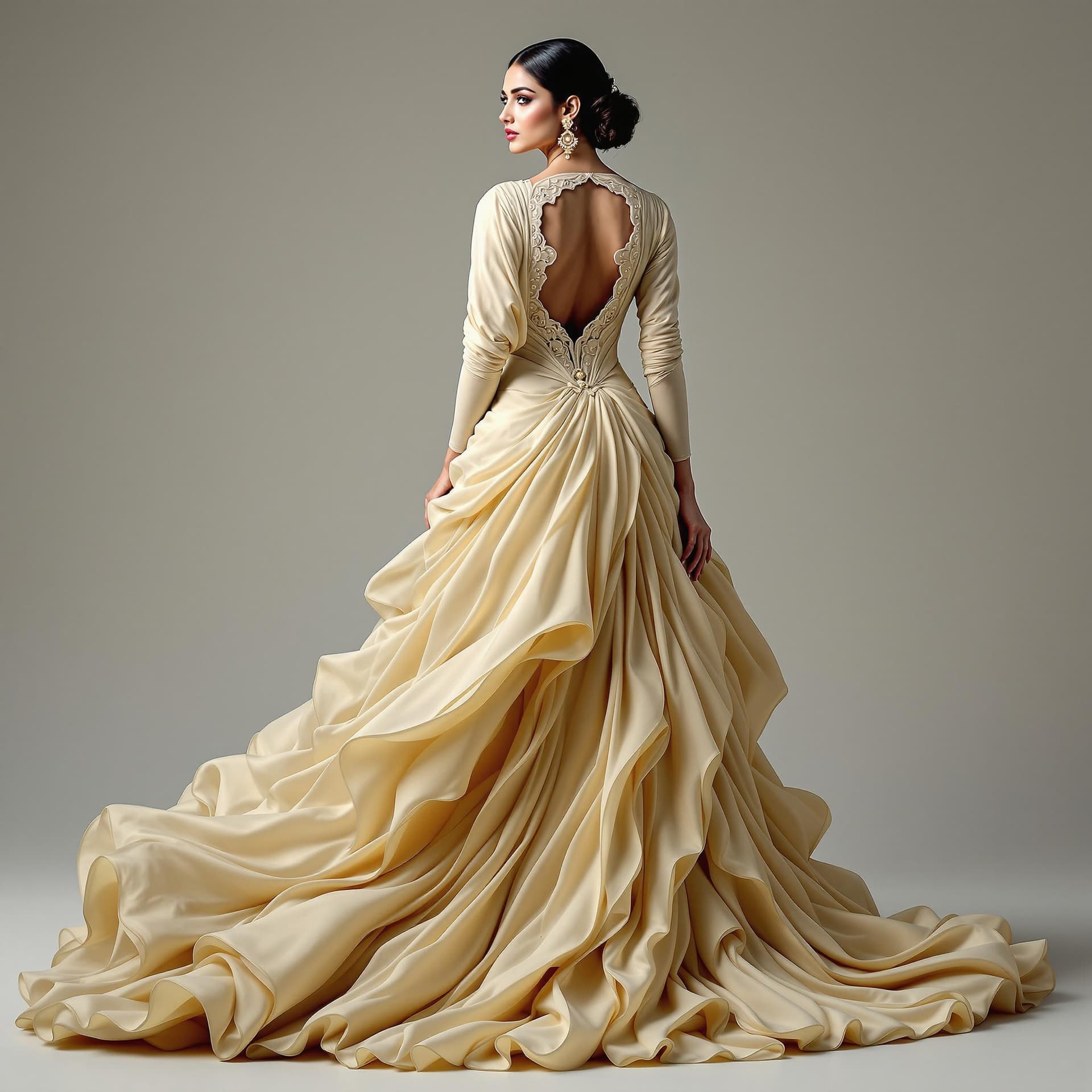 AI generated: The image is a full-length portrait of an Indian woman in a flowing cream dress. The dress features ...