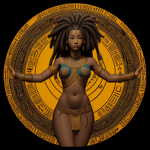 AI generated: Young barefoot dark thick dreadlocks female surrounded by circular African texts and human silhouett...