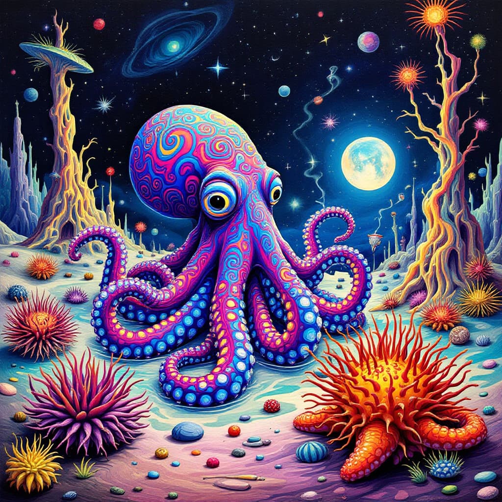 AI generated: Create a trippy, surreal picture in the style of Salvador Dali featuring a psychedelic octopus, sea ...