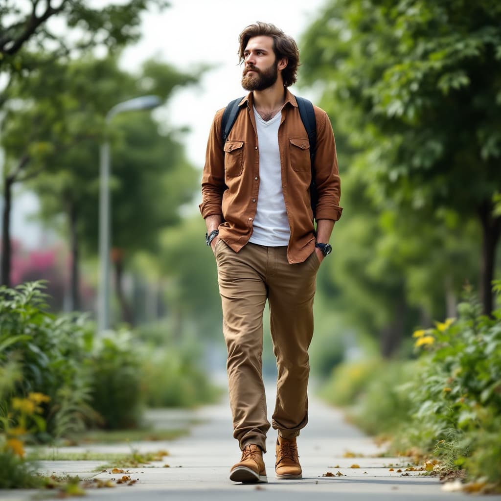 AI generated: A tall man with 6 foot height, medium length hairs and medium long beard. Wearing casual wear for of...