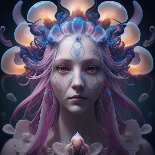 AI generated: Goddess close-up portrait ribcagel. jellyfish phoenix head, nautilus, orchid, skull, betta fish, bio...