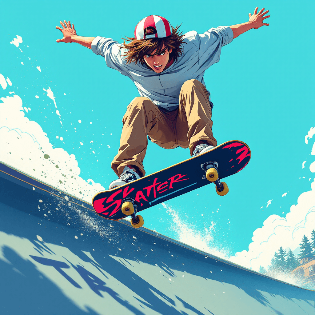 AI generated: Skate boarder, anime style, jumping, turquoise backgound, details, poster design