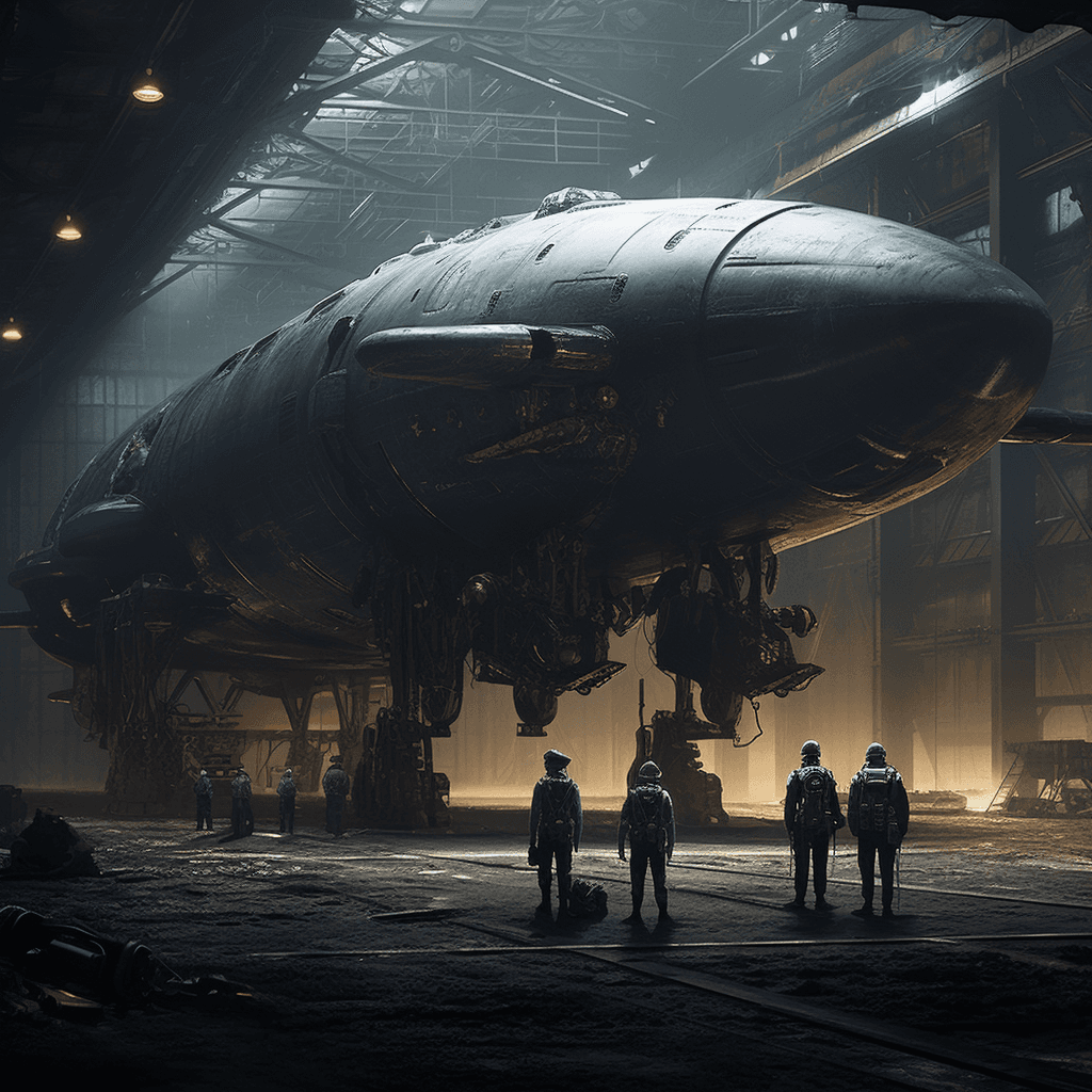 AI generated: space army at hangar, speedpaint, Alfred Kubin art, cinematic, dystopia