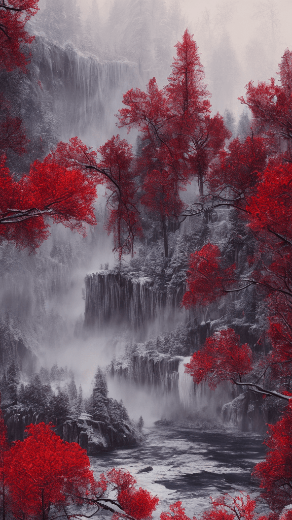 AI generated: winter landscape, red color, Bokeh, the waterfall, fog over the lake, insanely detailed and intricat...