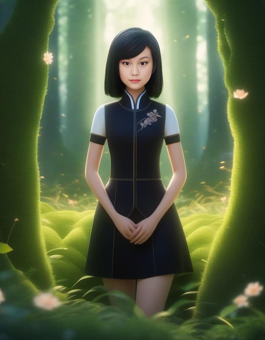 AI generated: bush, day, fantasy, flower, forest, grass, green theme, leaf, light rays, moss, nature, no humans, o...