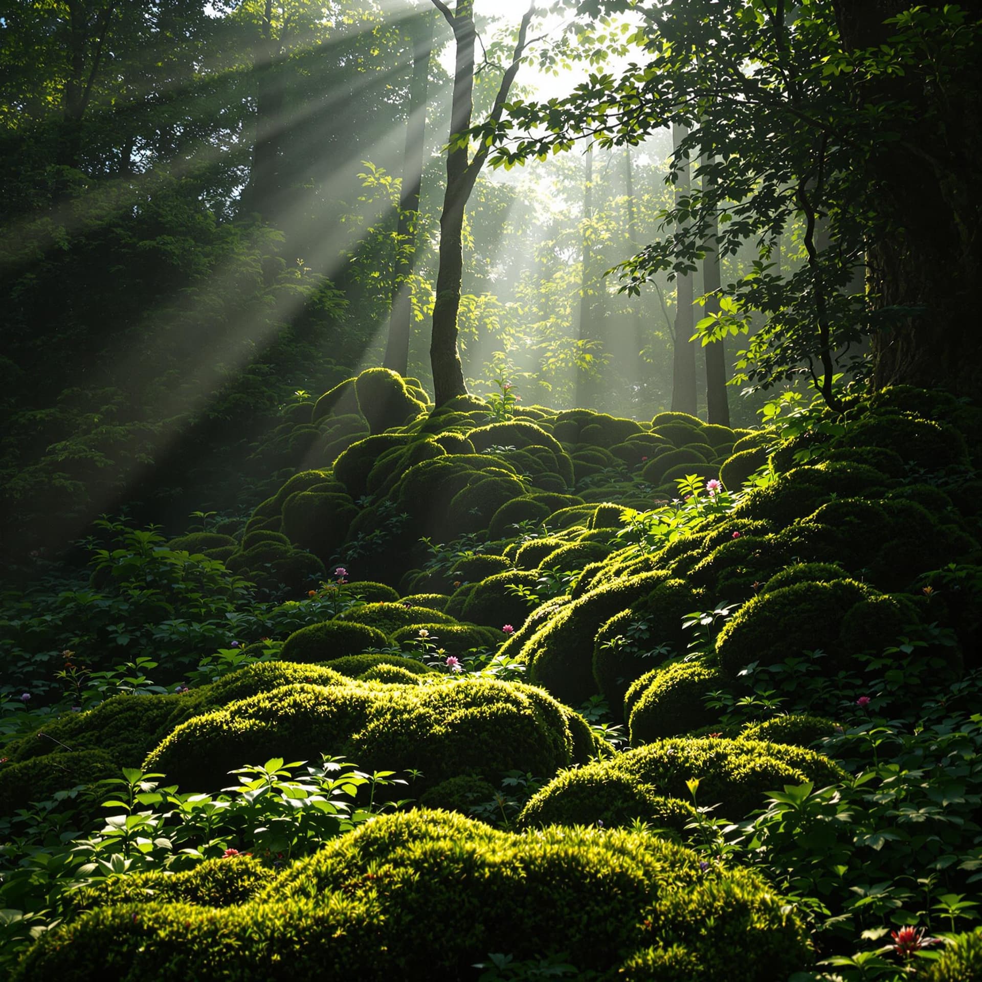 AI generated: bush, day, fantasy, flower, forest, grass, green theme, leaf, light rays, moss, nature, no humans, o...