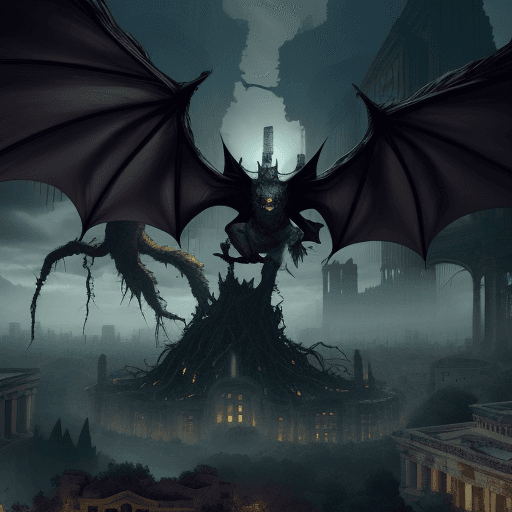 AI generated: A elderich monster with a tree trunk as legs and giant bat wings floating above a city, roots poppin...