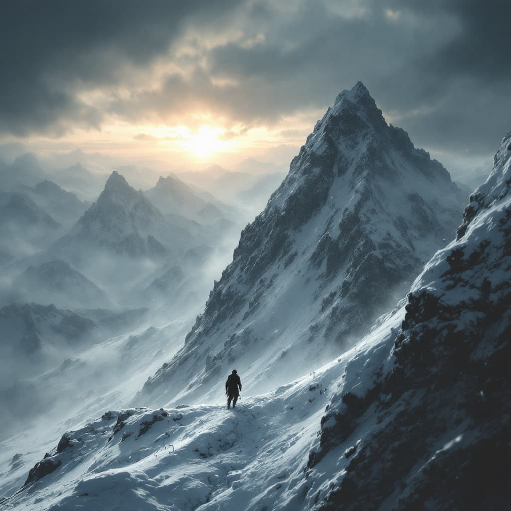 AI generated: A dramatic, concept art–style scene of a lone figure ascending a jagged, snow-covered mountain in th...