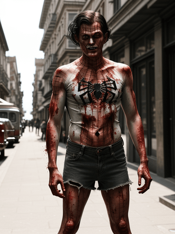 AI generated: vintage, spiderman, spiderman zombie, zombie, deadly, blood, bloody, bloody face, in the city, late ...